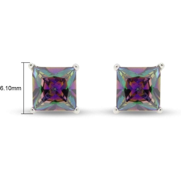 14k 925 Mystic Fire Topaz Princess Cut Solitaire Earrings - Picture 4 of 5